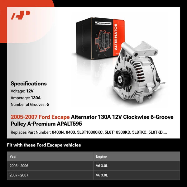 2005-2007 Ford Escape Alternator 130A 12V Clockwise 6-Groove Pulley A-Premium APALT595