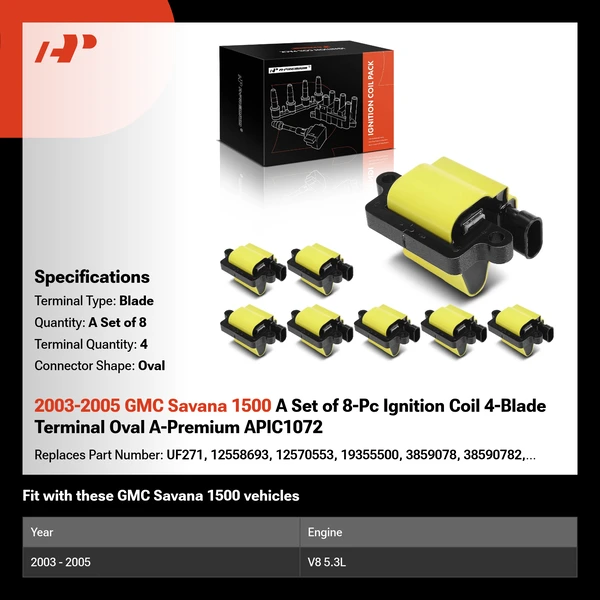 2003-2005 GMC Savana 1500 A Set of 8-Pc Ignition Coil 4-Blade Terminal Oval A-Premium APIC1072