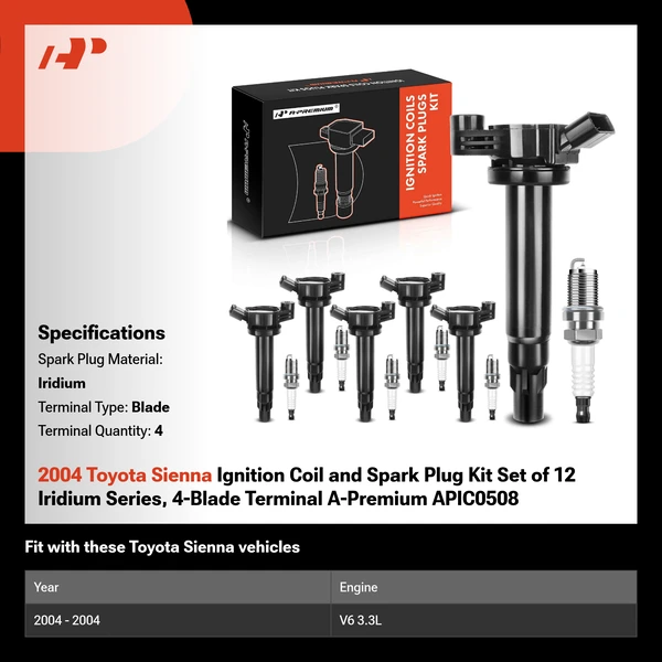 2004 Toyota Sienna Ignition Coil and Spark Plug Kit Set of 12 Iridium Series, 4-Blade Terminal A-Premium APIC0508