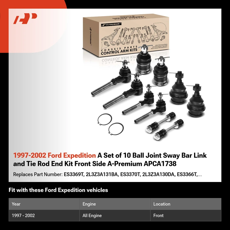 1997-2002 Ford Expedition A Set of 10 Ball Joint Sway Bar Link and Tie Rod End Kit Front Side A-Premium APCA1738