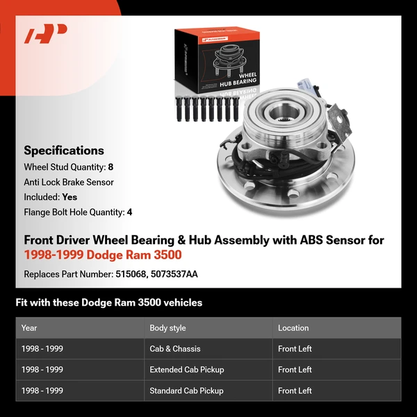 Front Driver Wheel Bearing & Hub Assembly with ABS Sensor for 1998-1999 Dodge Ram 3500