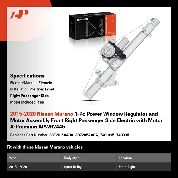 2015-2020 Nissan Murano 1-Pc Power Window Regulator and Motor Assembly Front Right Passenger Side Electric with Motor A-Premium APWR2445