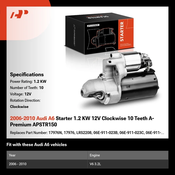 2006-2010 Audi A6 Starter 1.2 KW 12V Clockwise 10 Teeth A-Premium APSTR150