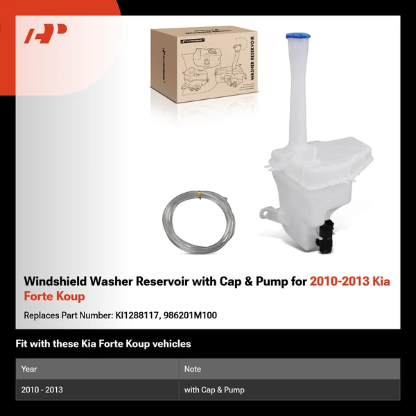 Windshield Washer Reservoir with Cap & Pump for 2010-2013 Kia Forte Koup