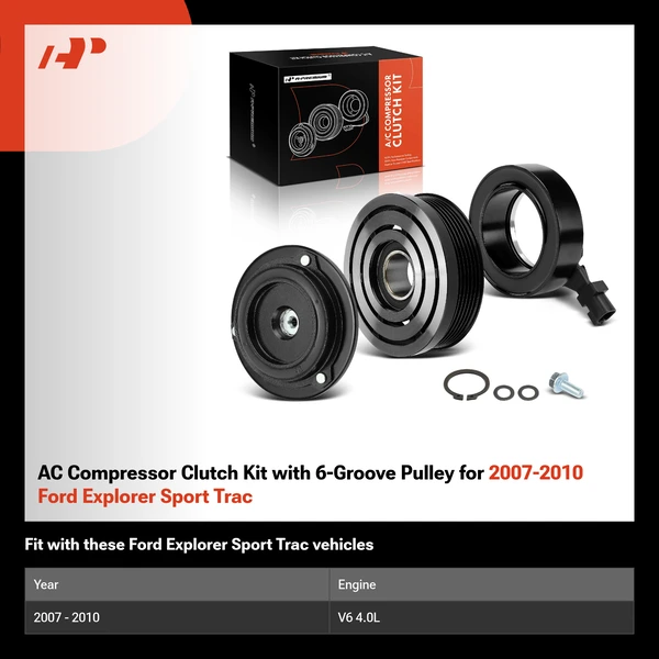 AC Compressor Clutch Kit with 6-Groove Pulley for 2007-2010 Ford Explorer Sport Trac