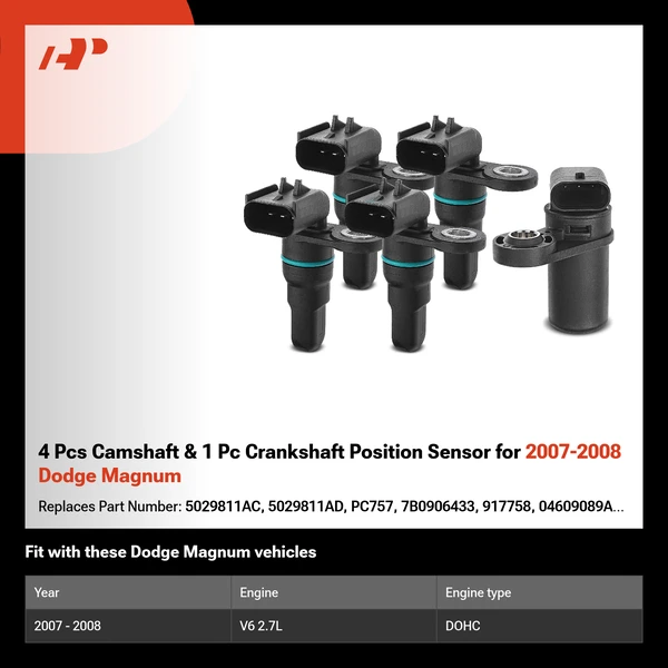 4 Pcs Camshaft & 1 Pc Crankshaft Position Sensor for 2007-2008 Dodge Magnum