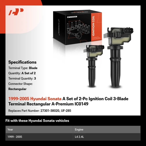 1999-2005 Hyundai Sonata A Set of 2-Pc Ignition Coil 3-Blade Terminal Rectangular A-Premium IC0149