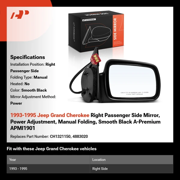 1993-1995 Jeep Grand Cherokee Right Passenger Side Mirror, Power Adjustment, Manual Folding, Smooth Black A-Premium APMI1901
