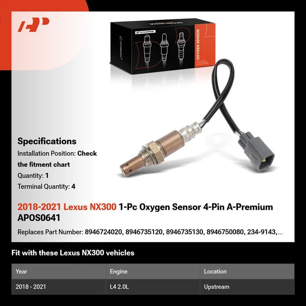 2018-2021 Lexus NX300 1-Pc Oxygen Sensor 4-Pin A-Premium APOS0641