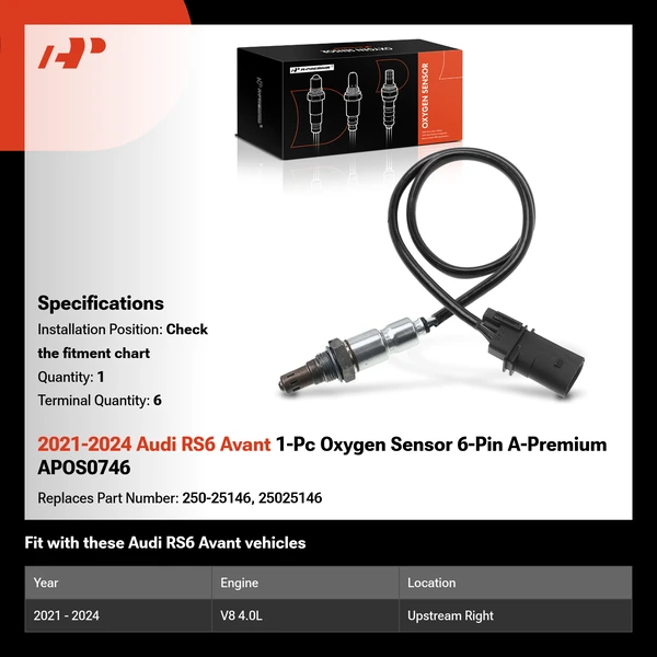 2021-2024 Audi RS6 Avant 1-Pc Oxygen Sensor 6-Pin A-Premium APOS0746