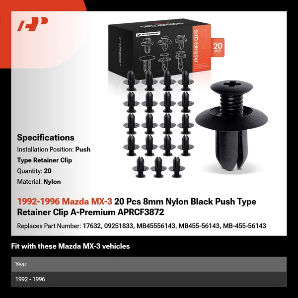 1992-1996 Mazda MX-3 20 Pcs 8mm Nylon Black Push Type Retainer Clip A-Premium APRCF3872