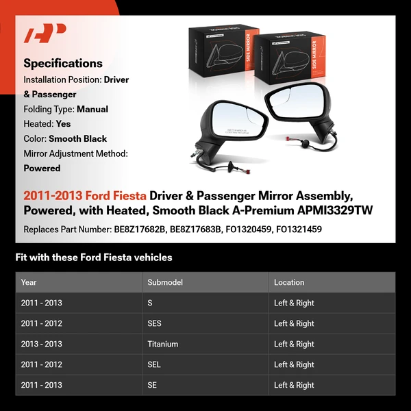 2011-2013 Ford Fiesta Driver & Passenger Mirror Assembly, Powered, with Heated, Smooth Black A-Premium APMI3329TW