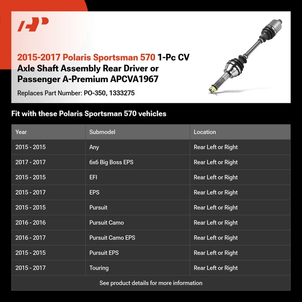 2015-2017 Polaris Sportsman 570 1-Pc CV Axle Shaft Assembly Rear Driver or Passenger A-Premium APCVA1967