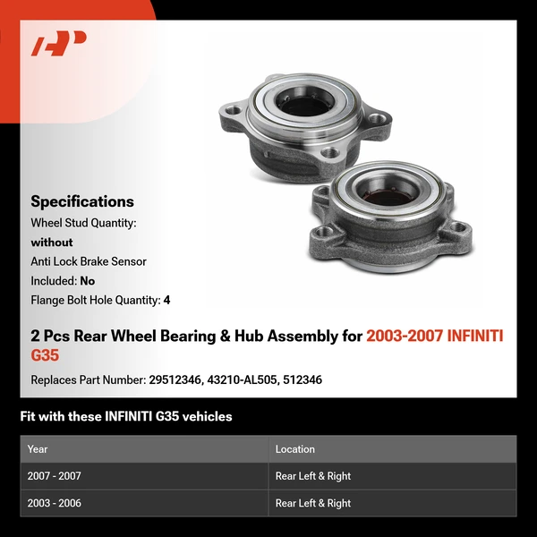 2 Pcs Rear Wheel Bearing & Hub Assembly for 2003-2007 INFINITI G35
