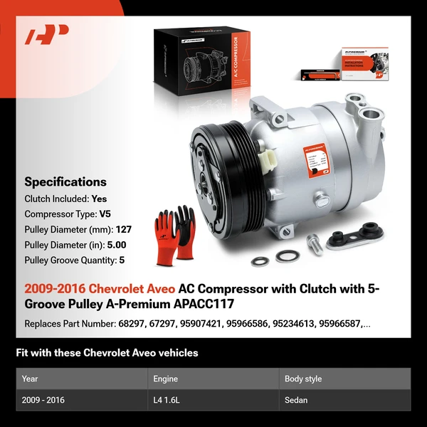 2009-2016 Chevrolet Aveo AC Compressor with Clutch with 5-Groove Pulley A-Premium APACC117