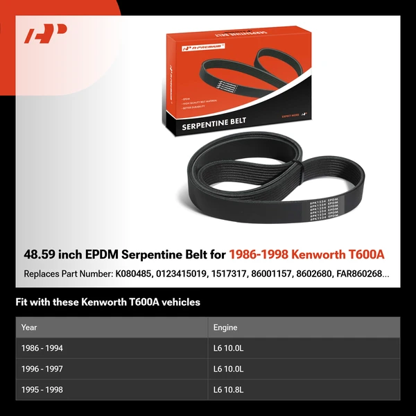 48.59 inch EPDM Serpentine Belt for 1986-1998 Kenworth T600A