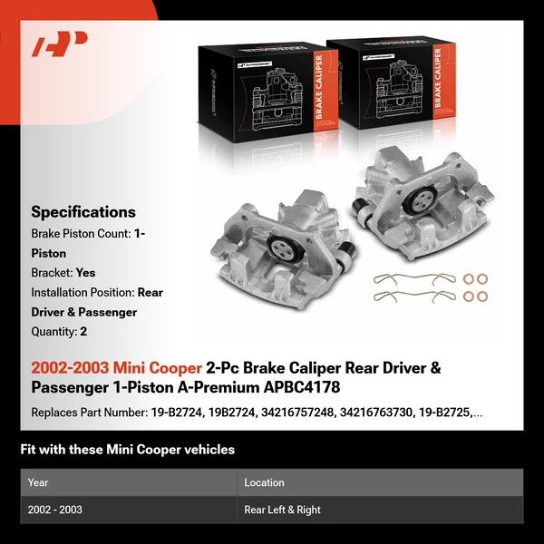 2002-2003 Mini Cooper 2-Pc Brake Caliper Rear Driver & Passenger 1-Piston A-Premium APBC4178