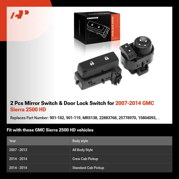 2 Pcs Mirror Switch & Door Lock Switch for 2007-2014 GMC Sierra 2500 HD