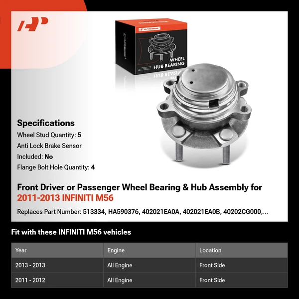 Front Driver or Passenger Wheel Bearing & Hub Assembly for 2011-2013 INFINITI M56