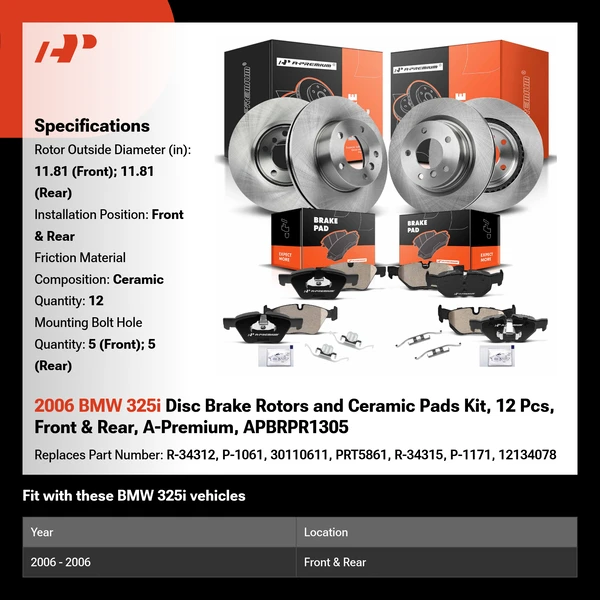 2006 BMW 325i Disc Brake Rotors and Ceramic Pads Kit, 12 Pcs, Front & Rear, A-Premium, APBRPR1305