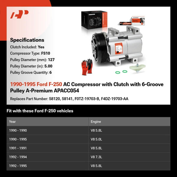 1990-1995 Ford F-250 AC Compressor with Clutch with 6-Groove Pulley A-Premium APACC054