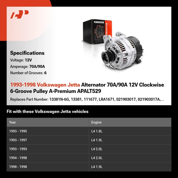 1993-1998 Volkswagen Jetta Alternator 70A/90A 12V Clockwise 6-Groove Pulley A-Premium APALT529