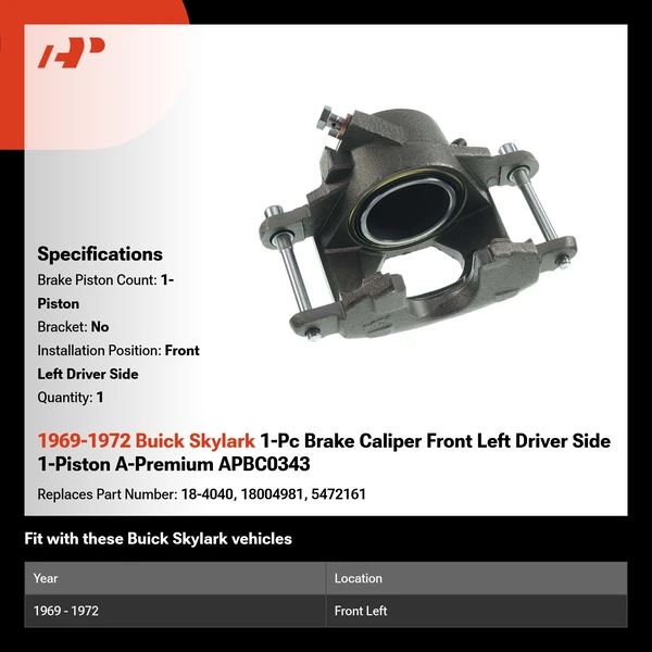 1969-1972 Buick Skylark 1-Pc Brake Caliper Front Left Driver Side 1-Piston A-Premium APBC0343