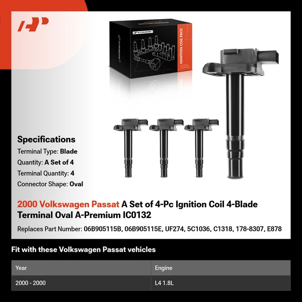 2000 Volkswagen Passat A Set of 4-Pc Ignition Coil 4-Blade Terminal Oval A-Premium IC0132