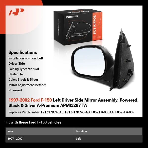 1997-2002 Ford F-150 Left Driver Side Mirror Assembly, Powered, Black & Silver A-Premium APMI3287TW