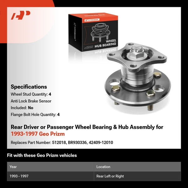 Rear Driver or Passenger Wheel Bearing & Hub Assembly for 1993-1997 Geo Prizm