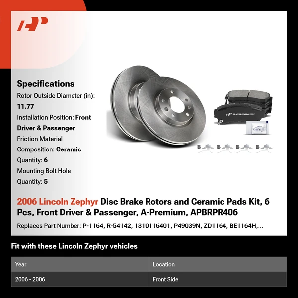 2006 Lincoln Zephyr Disc Brake Rotors and Ceramic Pads Kit, 6 Pcs, Front Driver & Passenger, A-Premium, APBRPR406