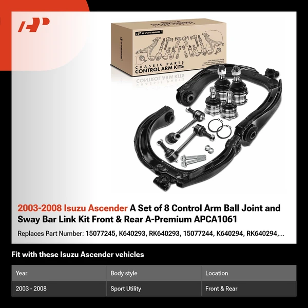 2003-2008 Isuzu Ascender A Set of 8 Control Arm Ball Joint and Sway Bar Link Kit Front & Rear A-Premium APCA1061