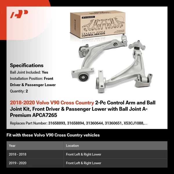 2018-2020 Volvo V90 Cross Country 2-Pc Control Arm and Ball Joint Kit, Front Driver & Passenger Lower with Ball Joint A-Premium APCA7265