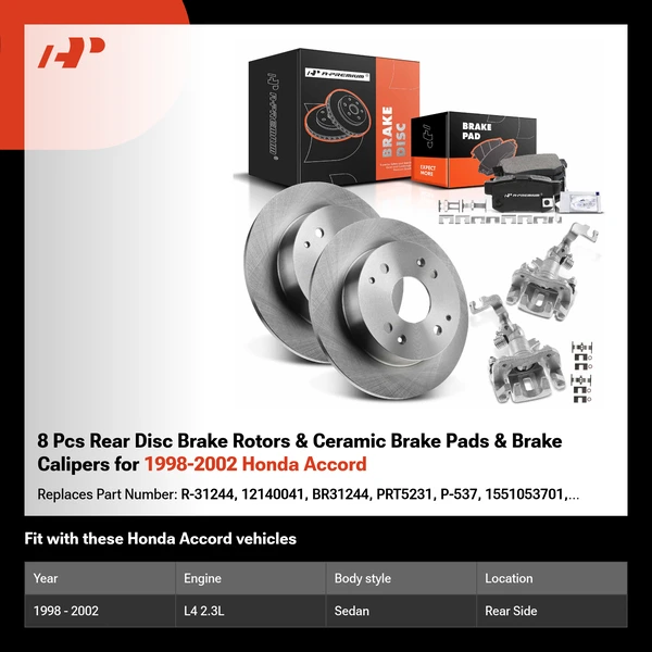 8 Pcs Rear Disc Brake Rotors & Ceramic Brake Pads & Brake Calipers for 1998-2002 Honda Accord