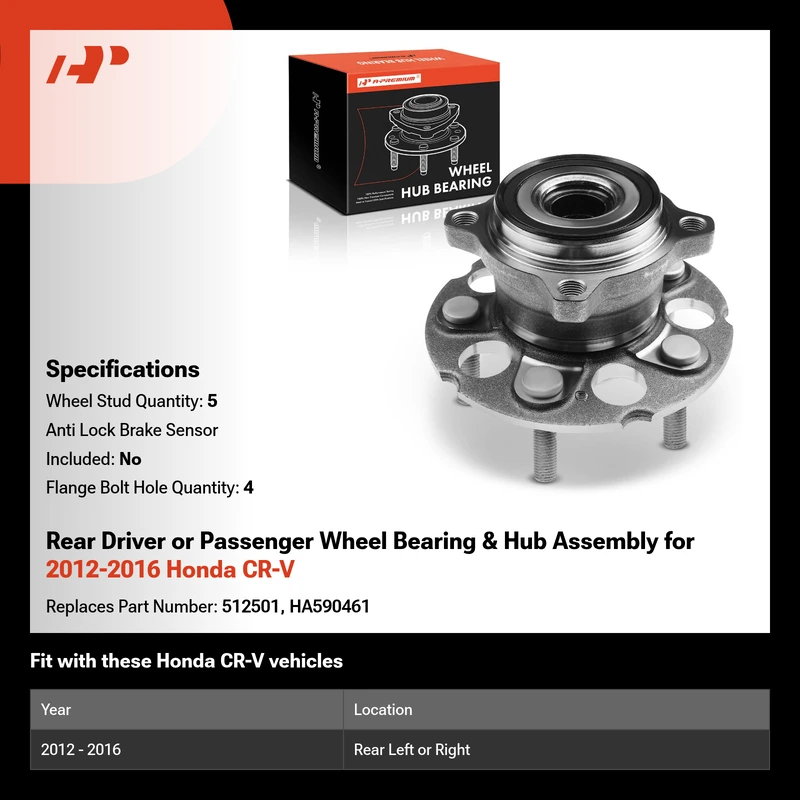 Rear Driver or Passenger Wheel Bearing & Hub Assembly for 2012-2016 Honda CR-V