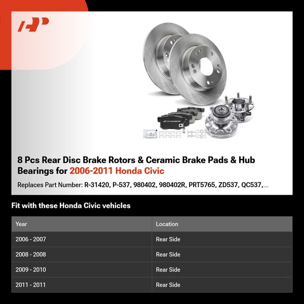 8 Pcs Rear Disc Brake Rotors & Ceramic Brake Pads & Hub Bearings for 2006-2011 Honda Civic