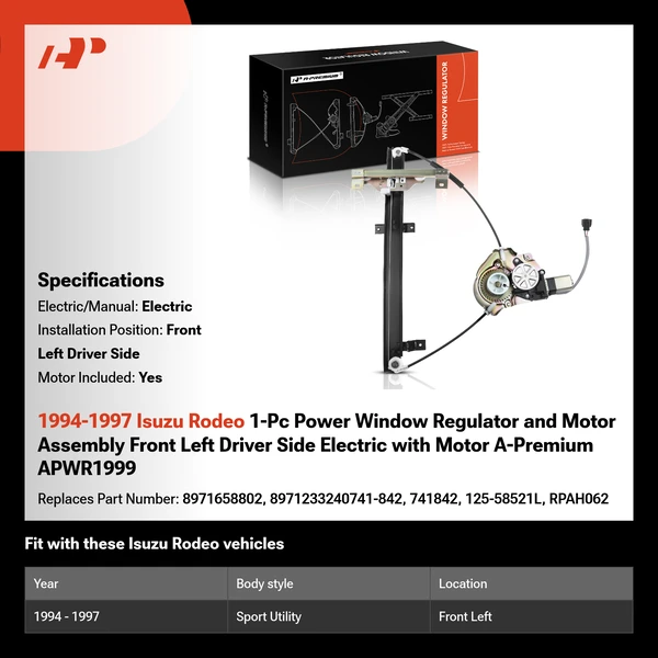 1994-1997 Isuzu Rodeo 1-Pc Power Window Regulator and Motor Assembly Front Left Driver Side Electric with Motor A-Premium APWR1999