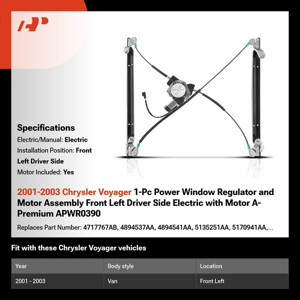 2001-2003 Chrysler Voyager 1-Pc Power Window Regulator and Motor Assembly Front Left Driver Side Electric with Motor A-Premium APWR0390