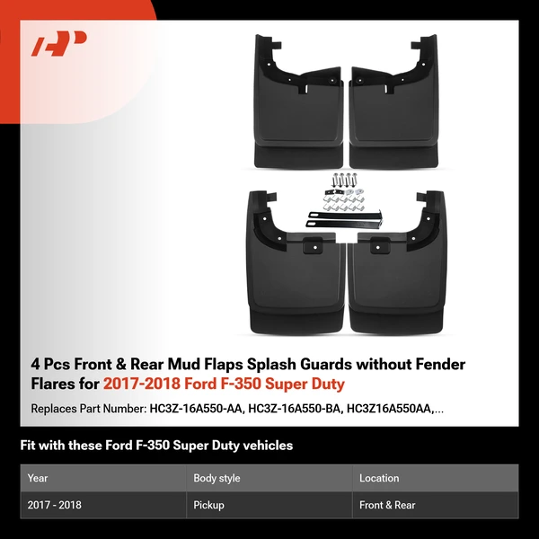 4 Pcs Front & Rear Mud Flaps Splash Guards without Fender Flares for 2017-2018 Ford F-350 Super Duty