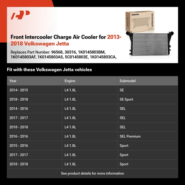 Front Intercooler Charge Air Cooler for 2013-2018 Volkswagen Jetta