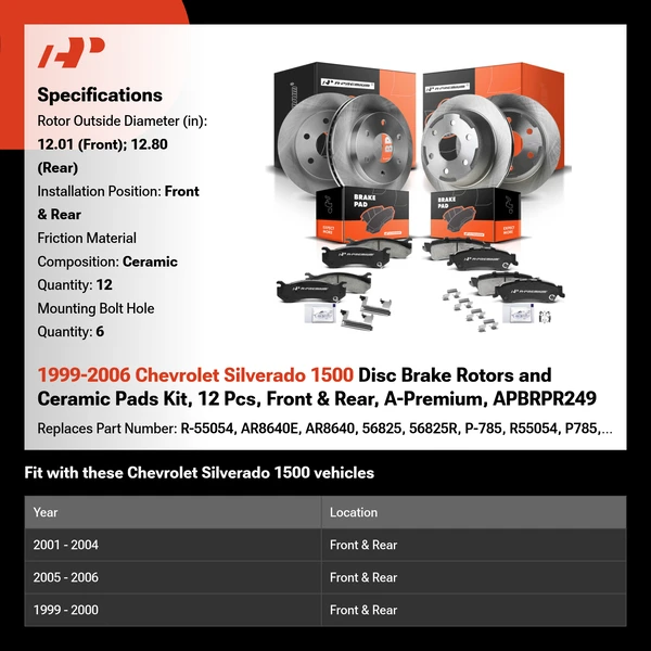 1999-2006 Chevrolet Silverado 1500 Disc Brake Rotors and Ceramic Pads Kit, 12 Pcs, Front & Rear, A-Premium, APBRPR249