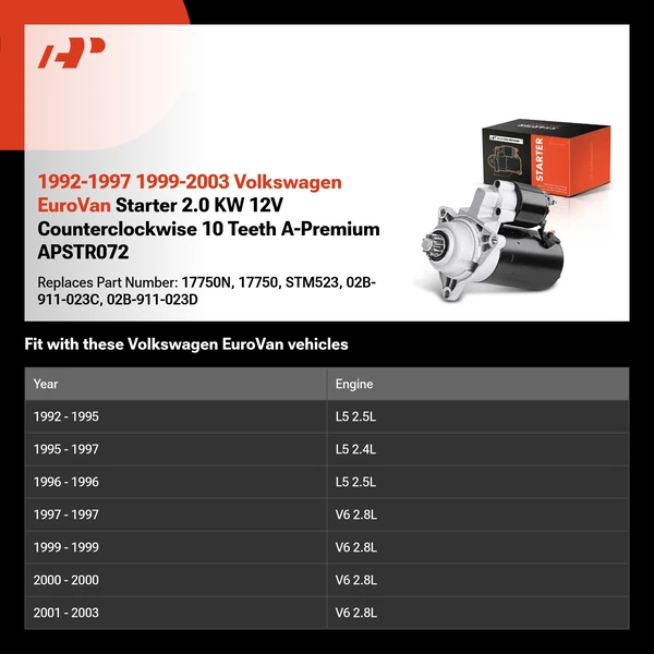 1992-1997 1999-2003 Volkswagen EuroVan Starter 2.0 KW 12V Counterclockwise 10 Teeth A-Premium APSTR072