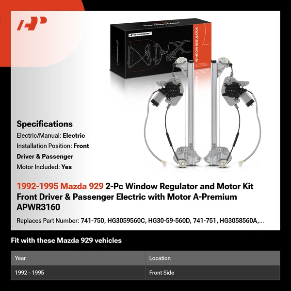 1992-1995 Mazda 929 2-Pc Window Regulator and Motor Kit Front Driver & Passenger Electric with Motor A-Premium APWR3160