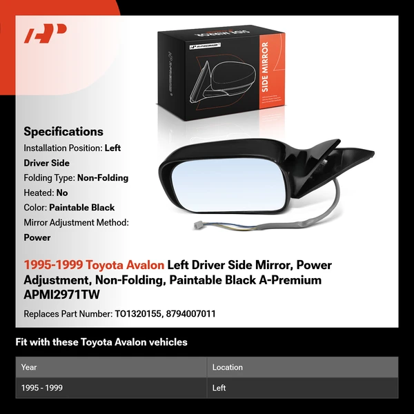1995-1999 Toyota Avalon Left Driver Side Mirror, Power Adjustment, Non-Folding, Paintable Black A-Premium APMI2971TW