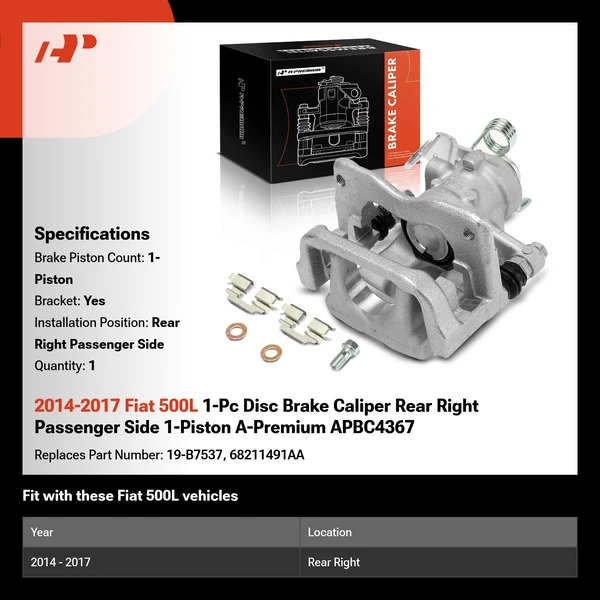 2014-2017 Fiat 500L 1-Pc Disc Brake Caliper Rear Right Passenger Side 1-Piston A-Premium APBC4367