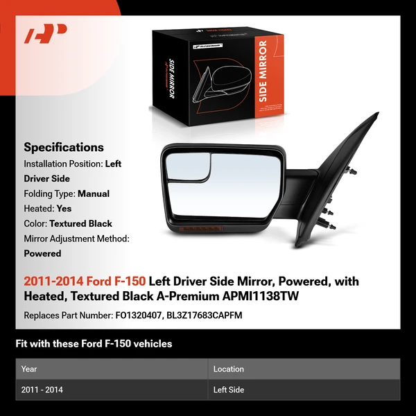 2011-2014 Ford F-150 Left Driver Side Mirror, Powered, with Heated, Textured Black A-Premium APMI1138TW