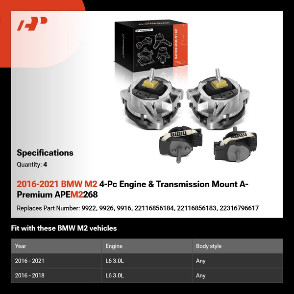 2016-2021 BMW M2 4-Pc Engine & Transmission Mount A-Premium APEM2268