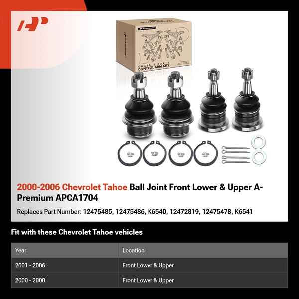 2000-2006 Chevrolet Tahoe Ball Joint Front Lower & Upper A-Premium APCA1704