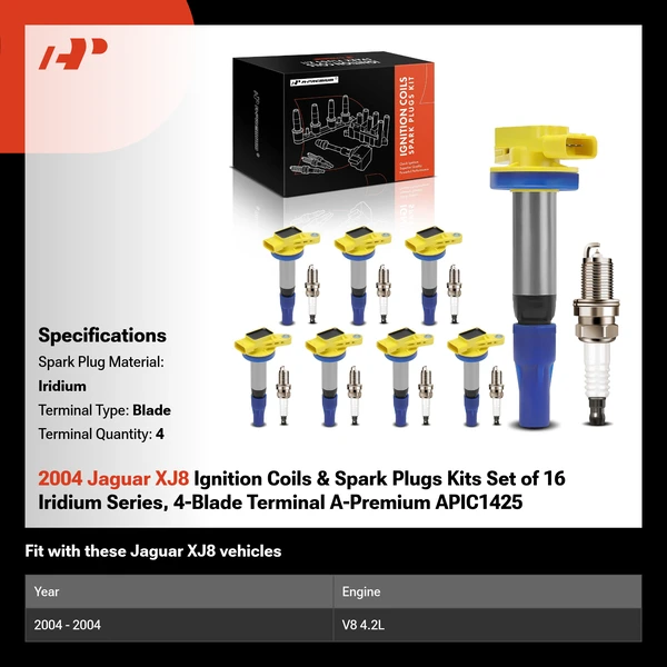 2004 Jaguar XJ8 Ignition Coils & Spark Plugs Kits Set of 16 Iridium Series, 4-Blade Terminal A-Premium APIC1425