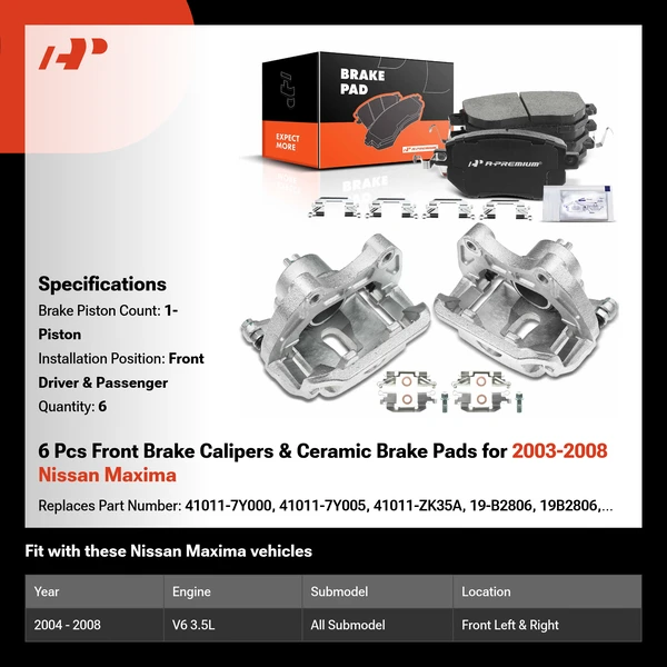 6 Pcs Front Brake Calipers & Ceramic Brake Pads for 2003-2008 Nissan Maxima